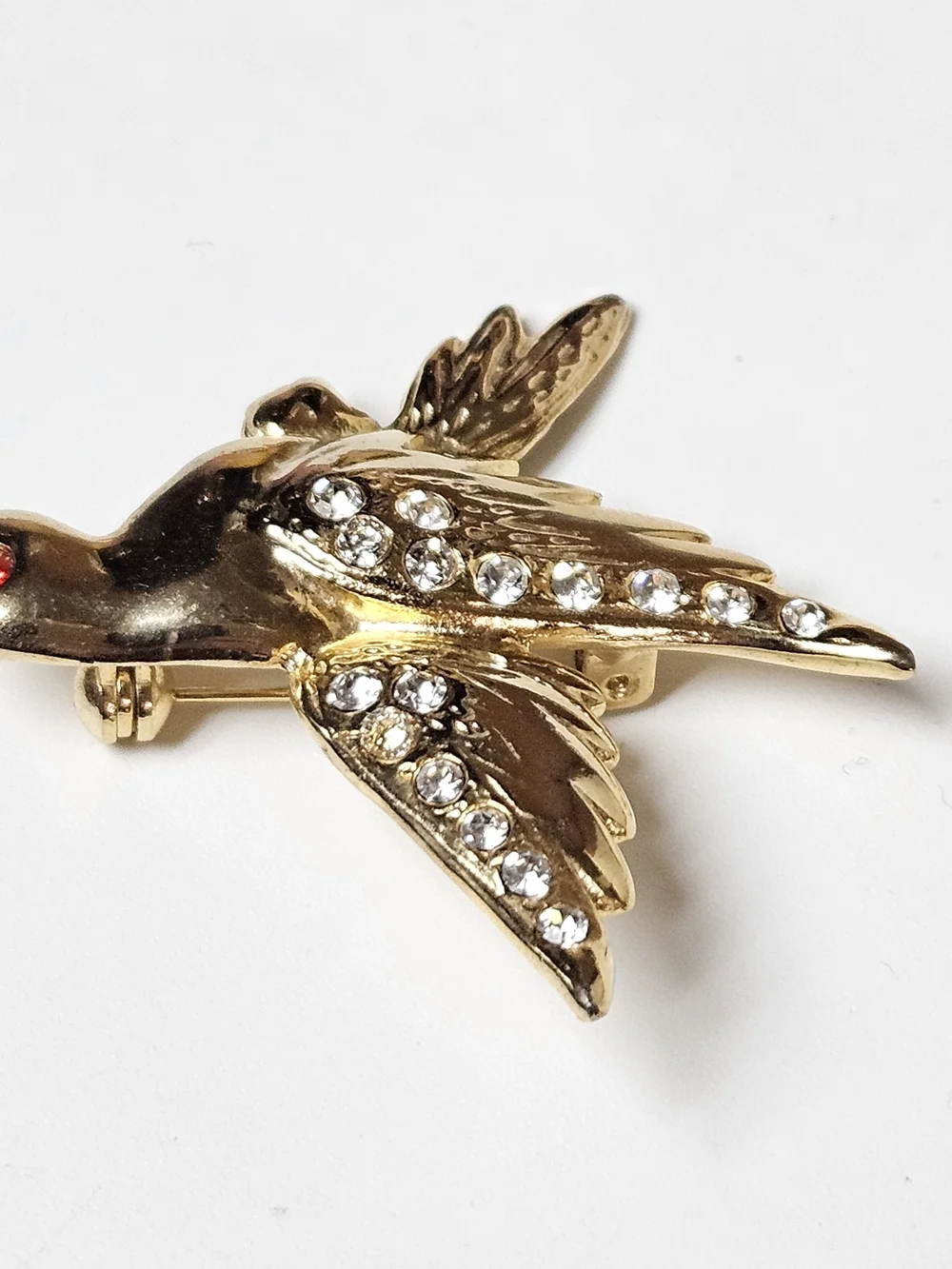 Gold Dove Brooch with Clear Crystals and Red Eye